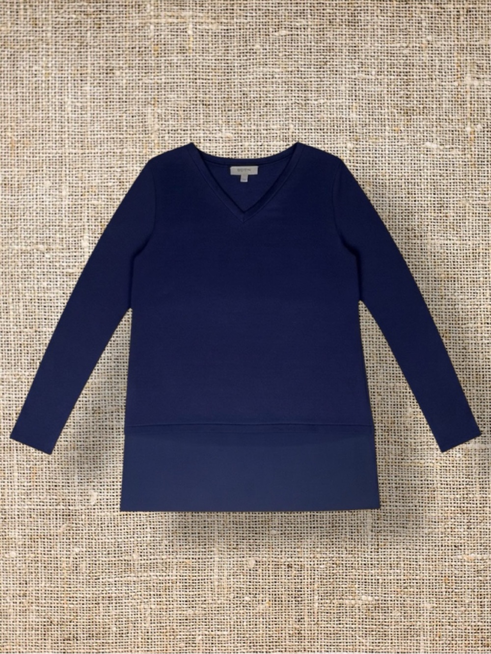 Kenneth Cole Reaction Top Blue Blouse V-Neck Sheer Hem Mixed Media Preppy M